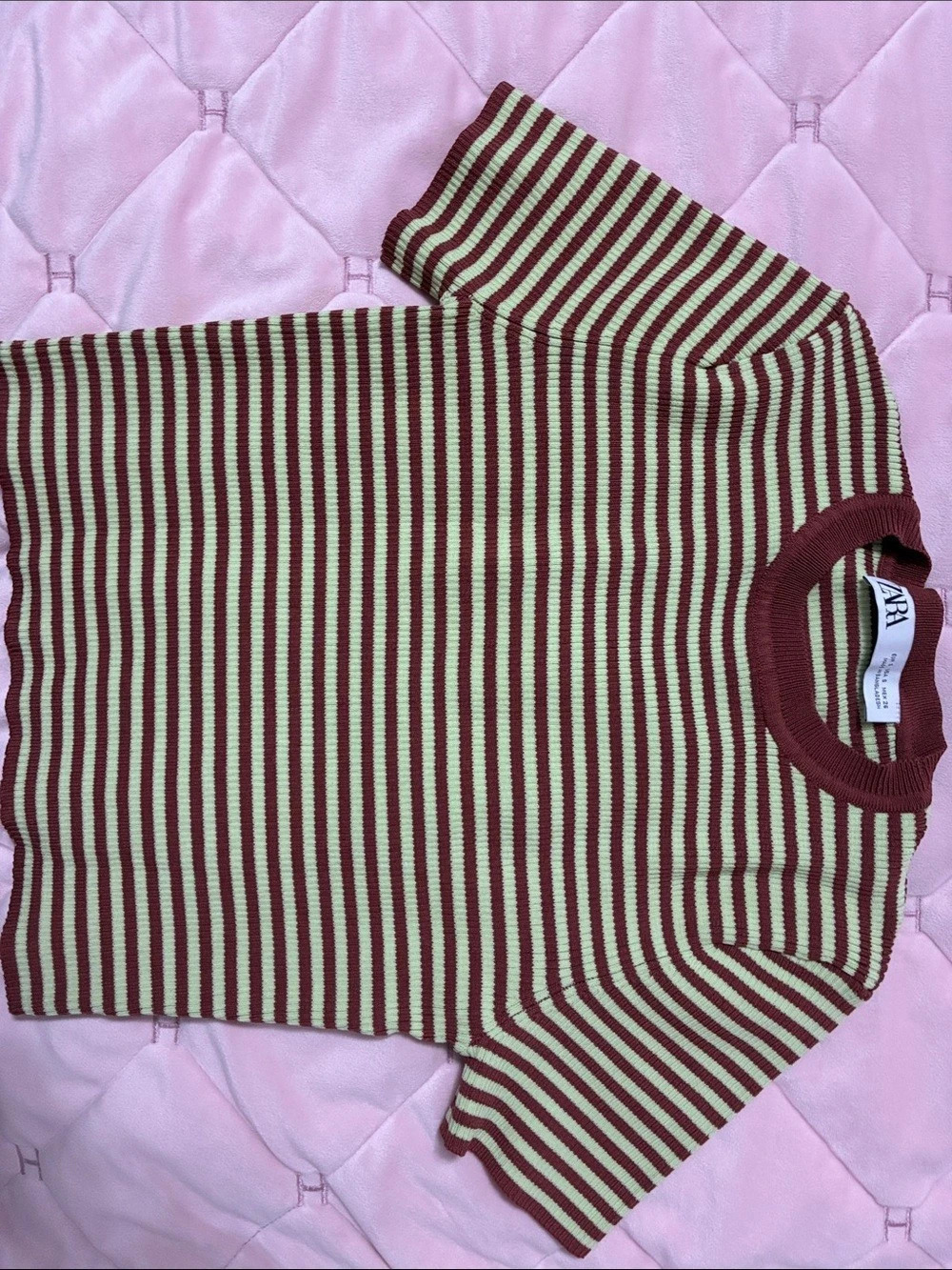 Zara Striped Rib Knit Top Short Sleeve Brown & Green Size Medium